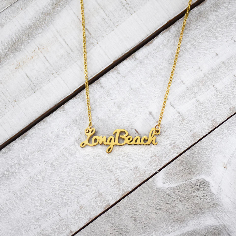 LONG BEACH GOLD SCRIPT NECKLACE